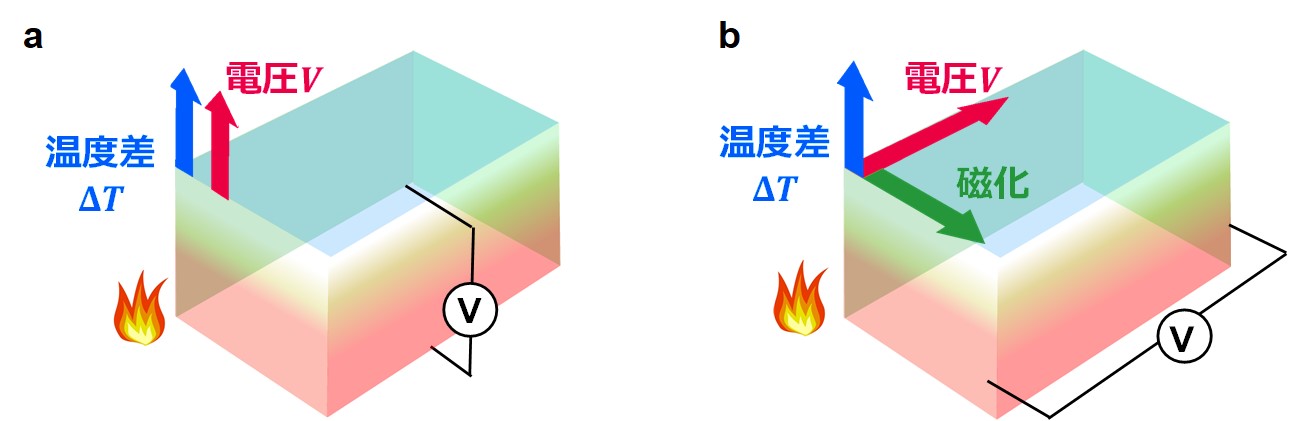 ゼーベック効果(a)と異常ネルンスト効果(b)。起電力の方向は、ゼーベック効果では温度勾配と平行であるが、異常ネルンスト効果では温度勾配と磁化に垂直である。