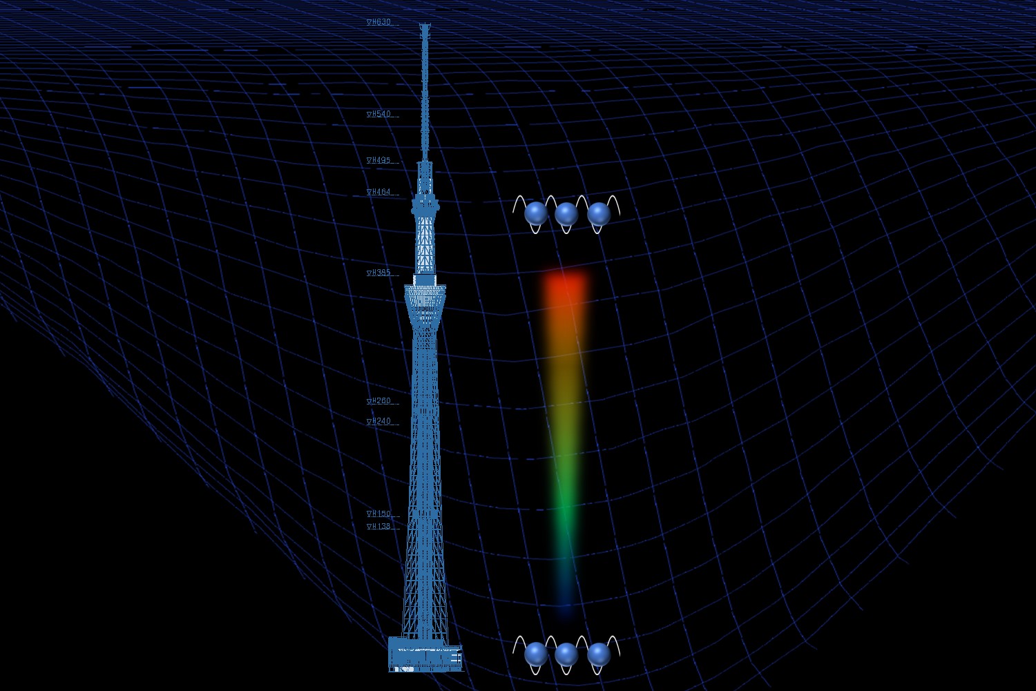 Black background. A blue arrow like structure on the left. An inverted triangle with a rainbow gradient on the right.