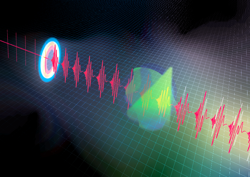 A dark background with a grid of green lines. From left to right is a repeating red wave.