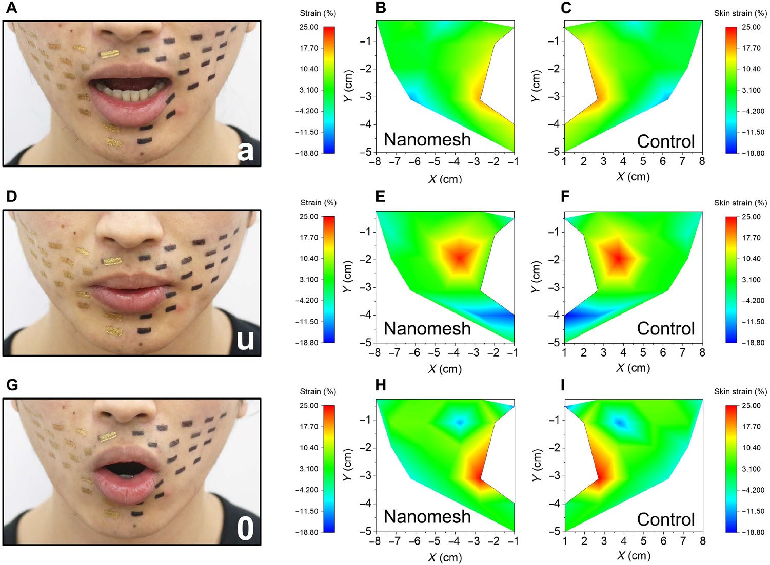 Three images of a mouth making different shapes (left) crudely rendered brightly colored models of that same mouth (right)