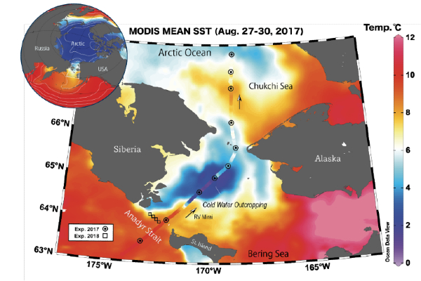 Map of recorded sea surface temperatures in the northern Bering Sea and southern Arctic Ocean.