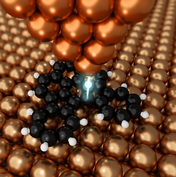 Some orange spheres form an inverted pyramid at the top of the image. A shape composed of black spheres is underneath it. Between the two is a blue light.