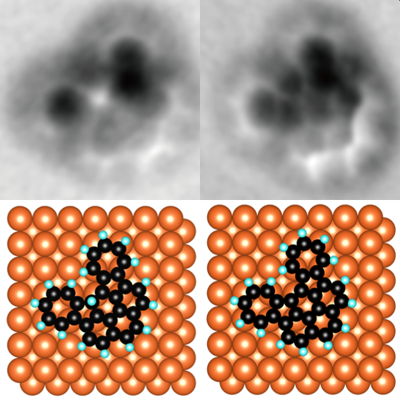 A grid of four images. The top two are greyscale images with white backgrounds atop which are dark masses. The lower images are diagrams of atoms shown with colored spheres.
