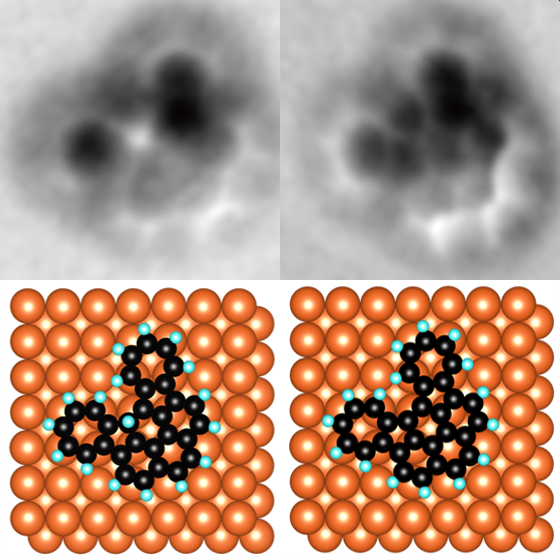 A grid of four images.  The first two are grayscale images with white backgrounds on top that are dark masses.  The lower images are diagrams of atoms shown with colored spheres.