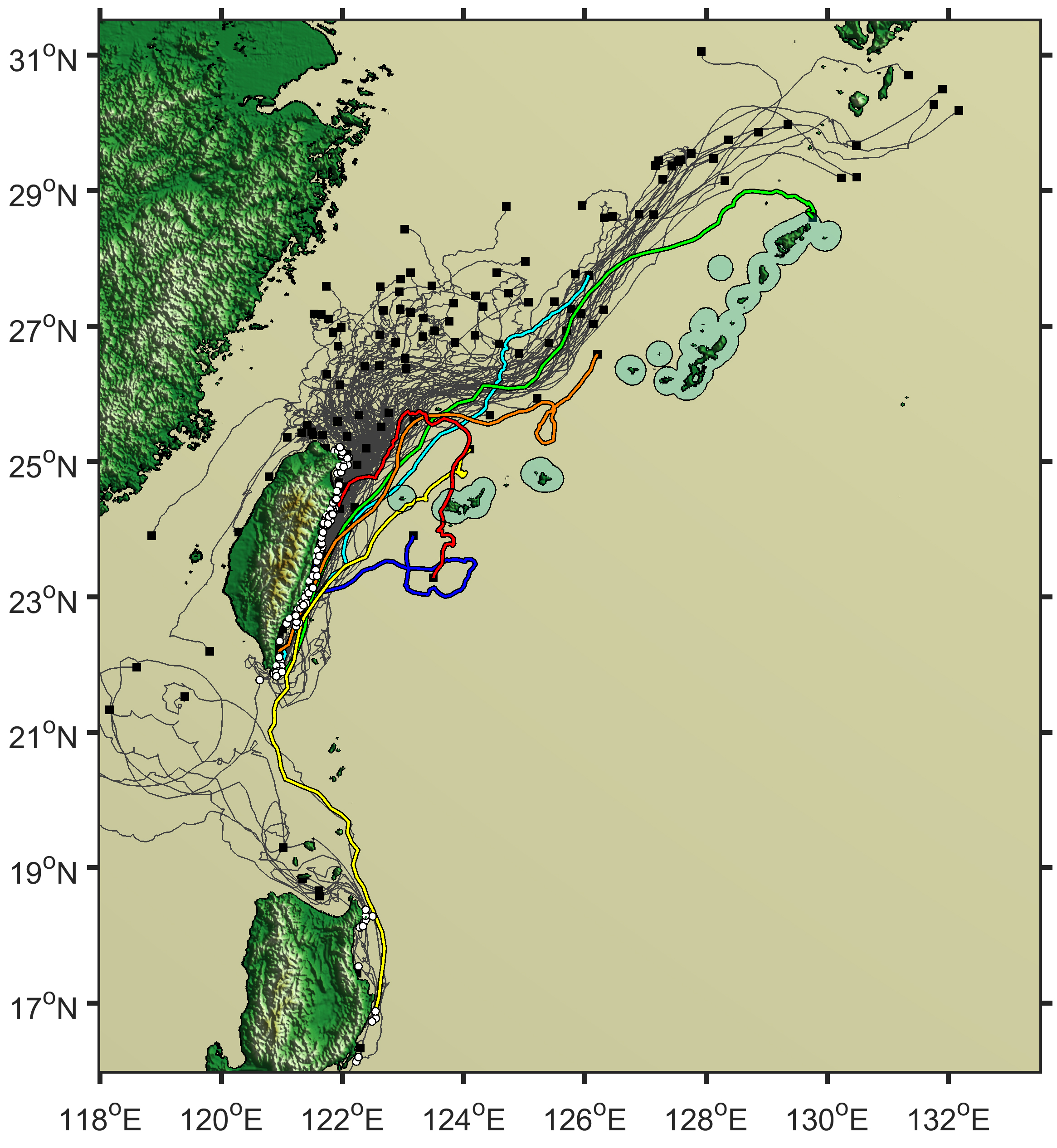 A light brown background. A simple line map of Japan, surrounded by colored wavy lines