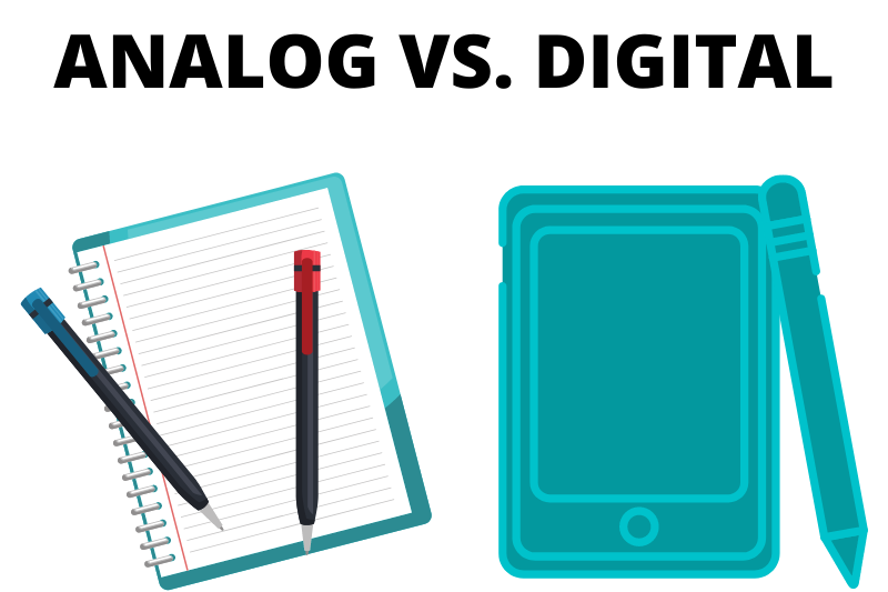 Cartoon illustration of an open spiral bound paper notebook with blue and red pens (left side) and a digital tablet with a stylus tool (right side). The words "Analog vs. Digital" are in black text at the top of the image.
