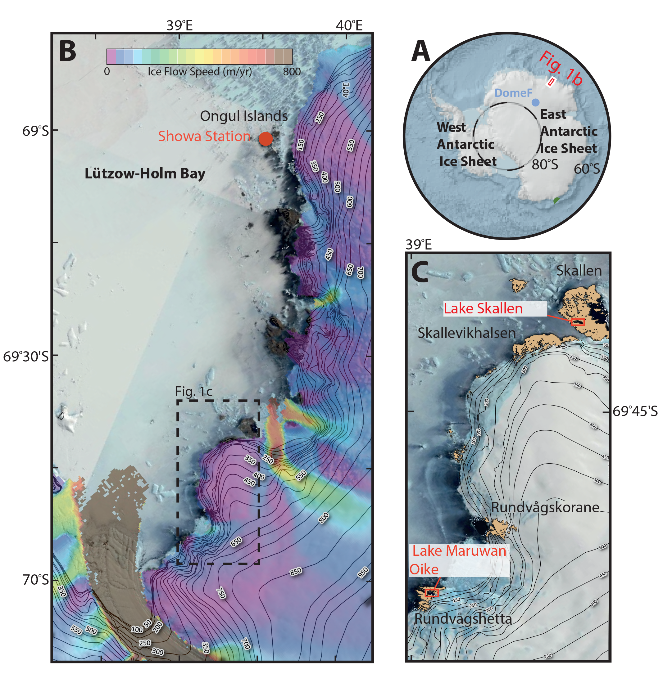 A rectangular map of Antarctica at three different scales