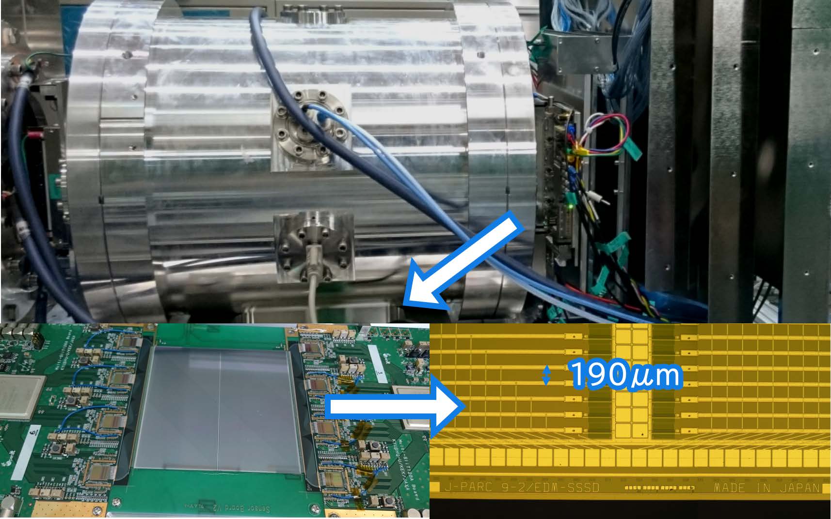 Top, A silver cylinder. Lower left, a green circuit board. Lower right, a yellow circuit board.