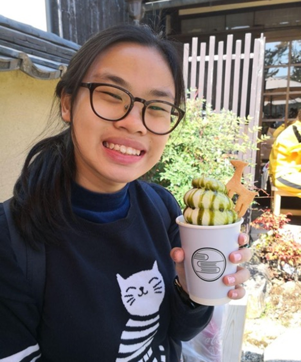 Faith Amanda Siauw with a green-tea flavored desserts.