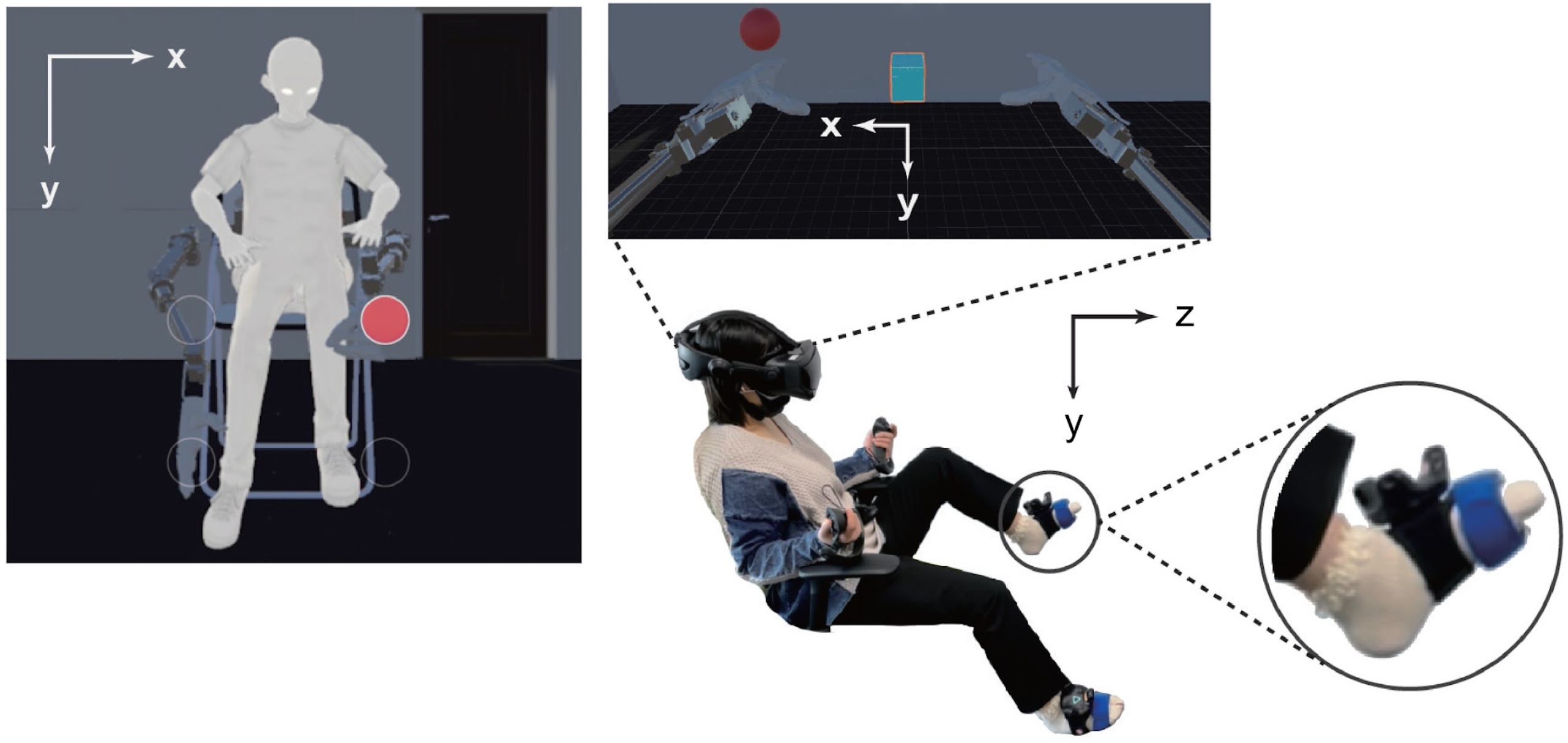 Images of a participant carrying out the 'ball-touch' task, corresponding between VR image and real life action.