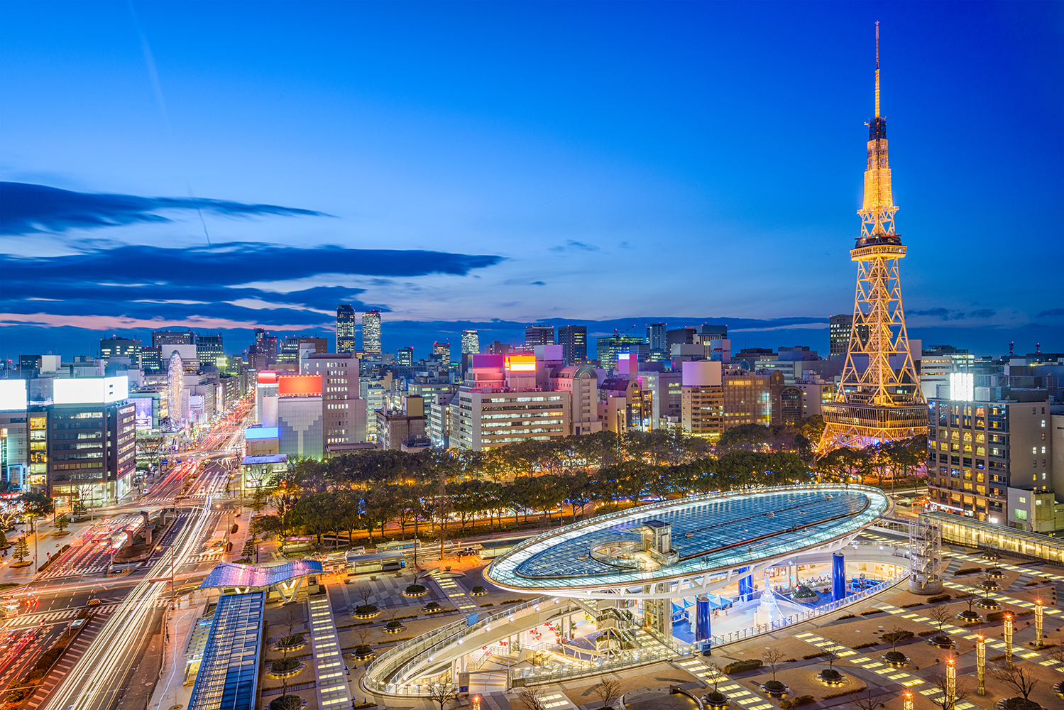 Nagoya skyline line illuminated at dusk