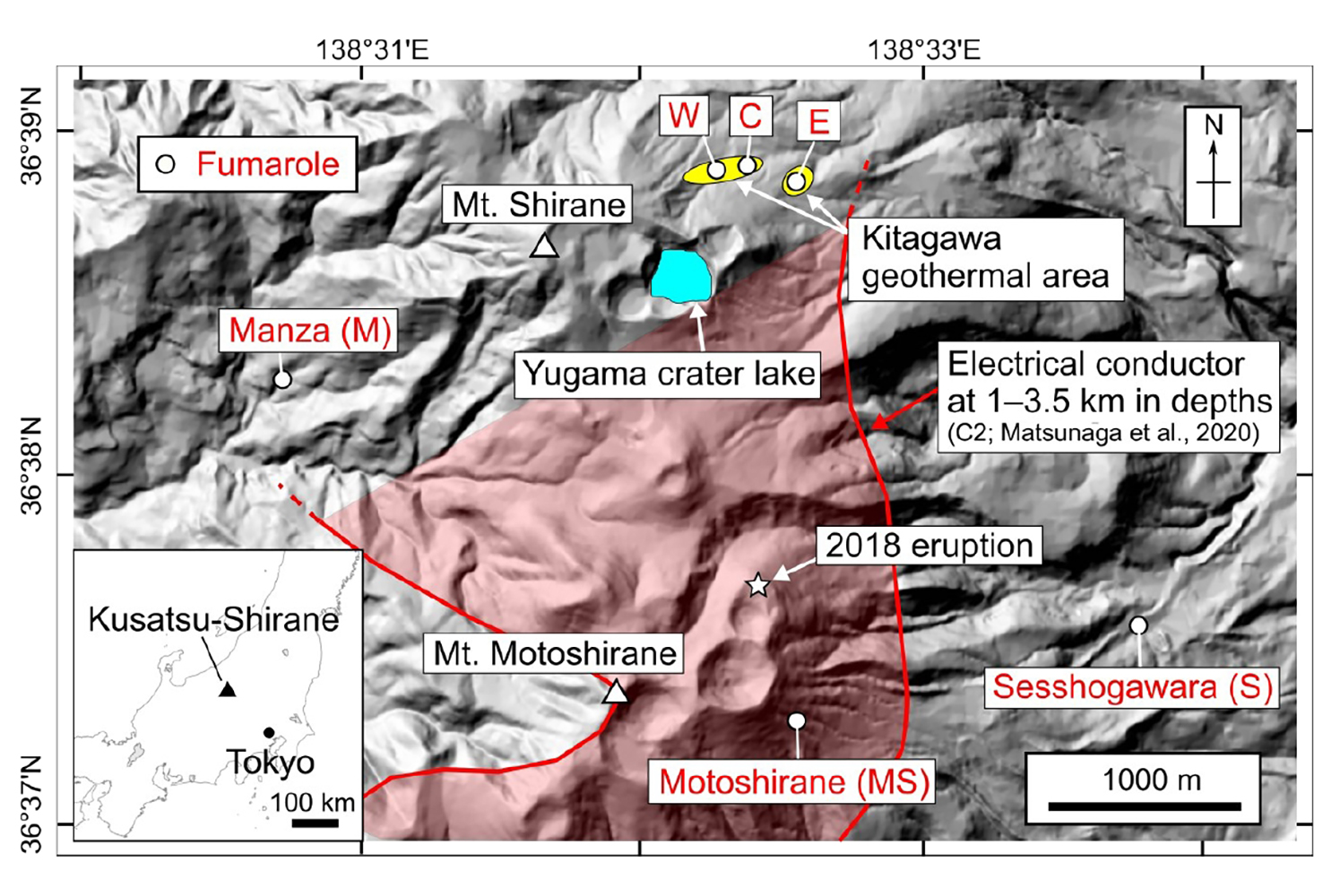 Illustrated map of the Kusatsu-Shirane volcano area and location in Japan.