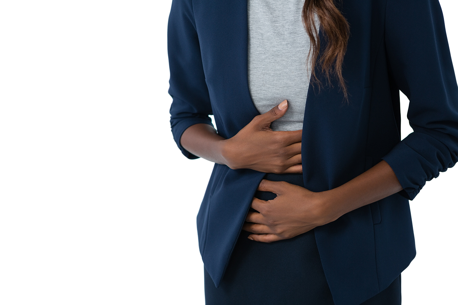 A woman clutches her stomach. 