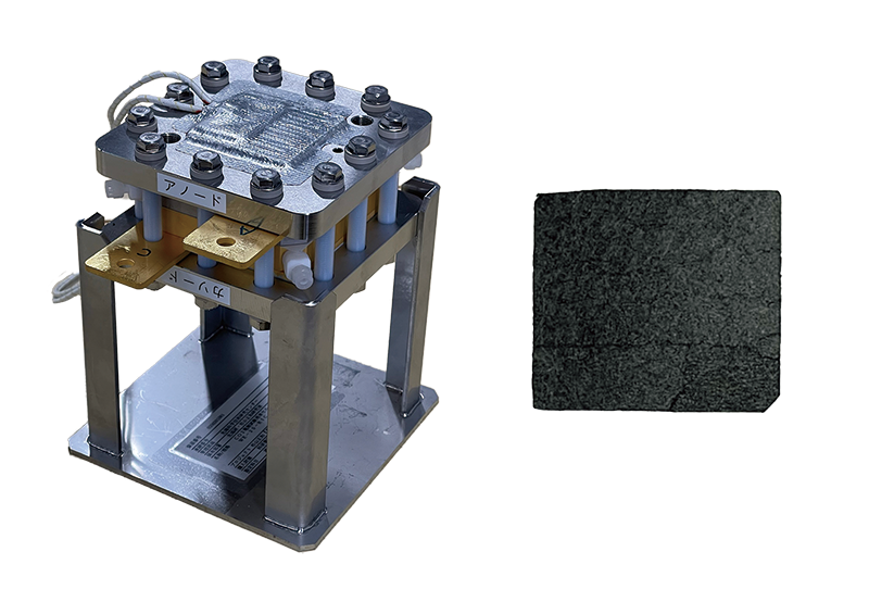 CO2電気化学還元装置とその反応を担う電極（右）