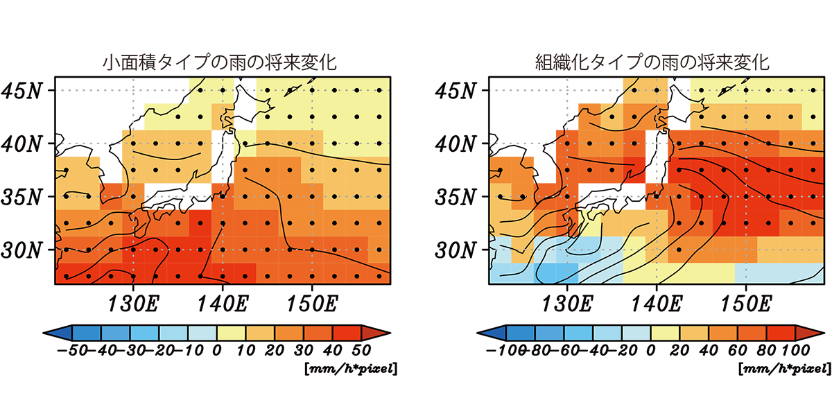 小面積タイプの雨の将来変化、組織化タイプの雨の将来変化