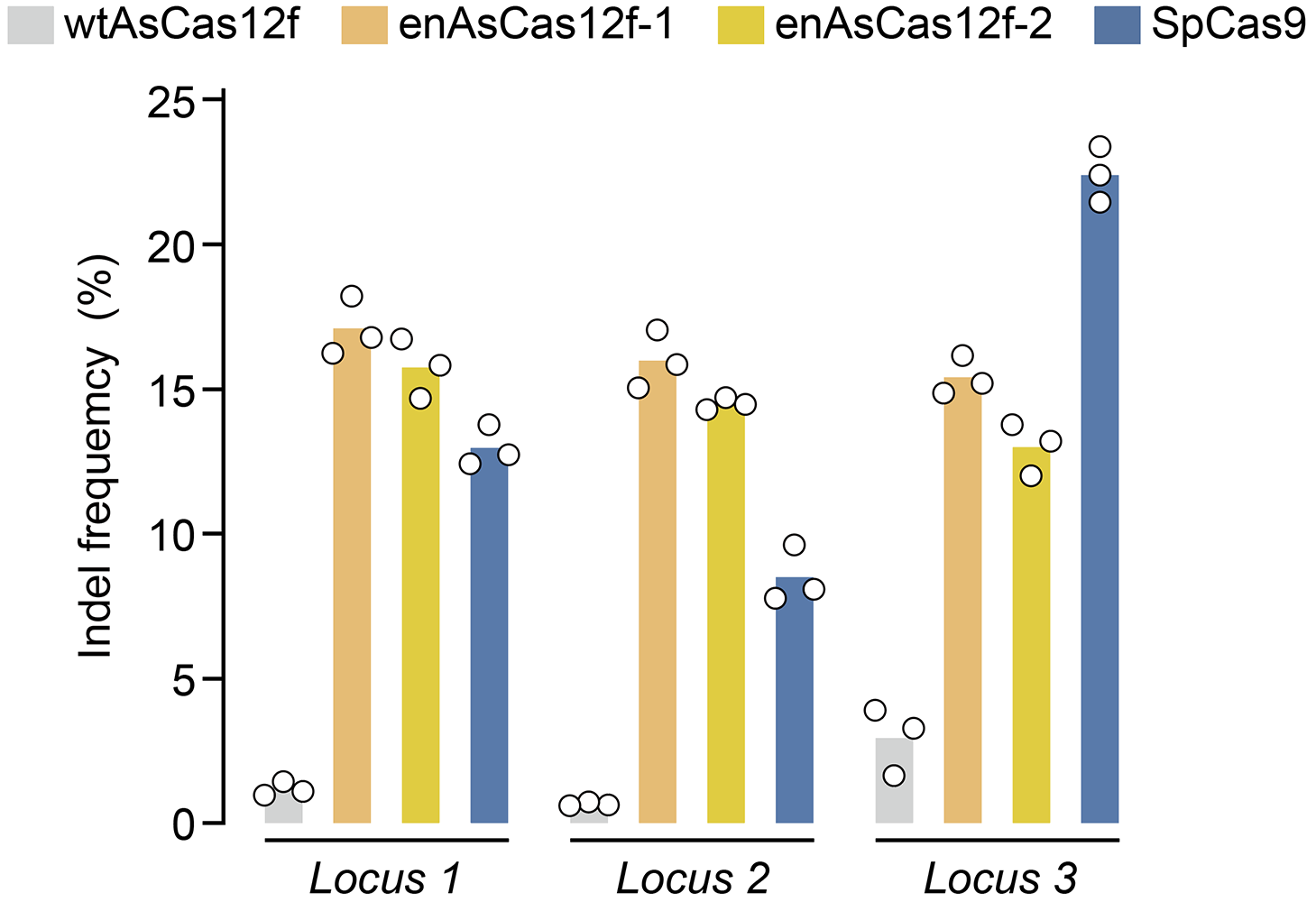 Three bar graphs comparing the affects of two types of AsCas12f with Cas9.