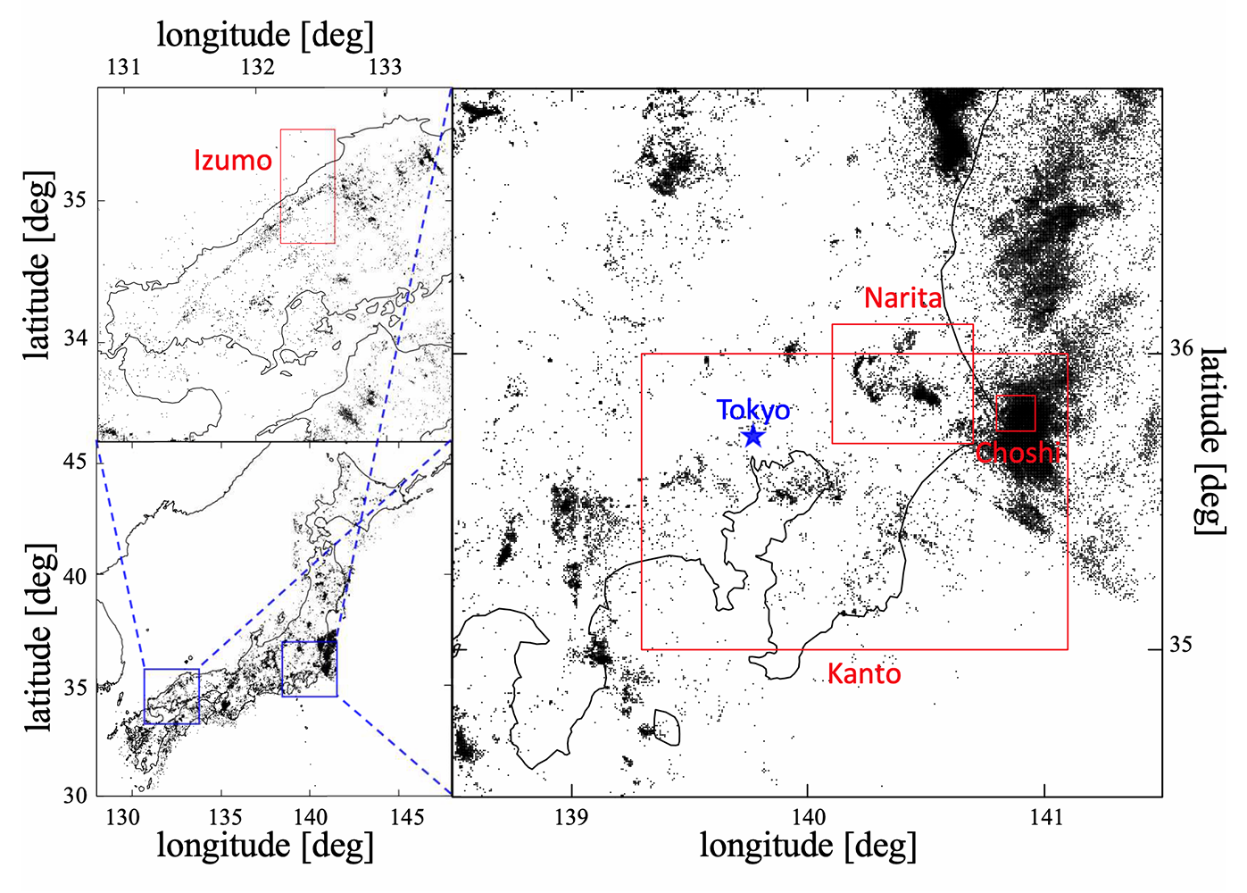 A line art map of Eastern Japan