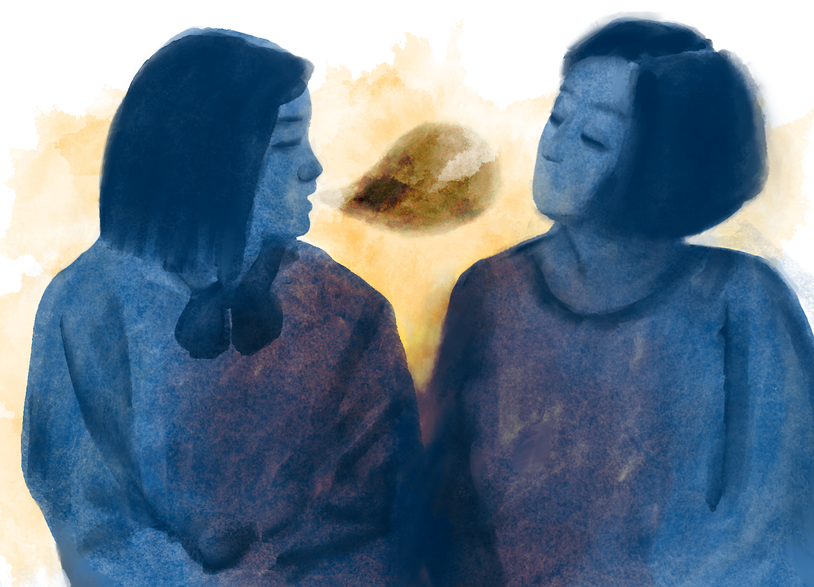 Illustration of mother and teenager daughter talking, in blue.