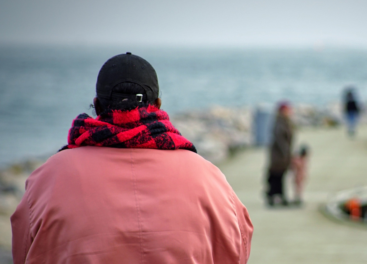 Photo of a person in pink, looking out over other blurred people along a pier.