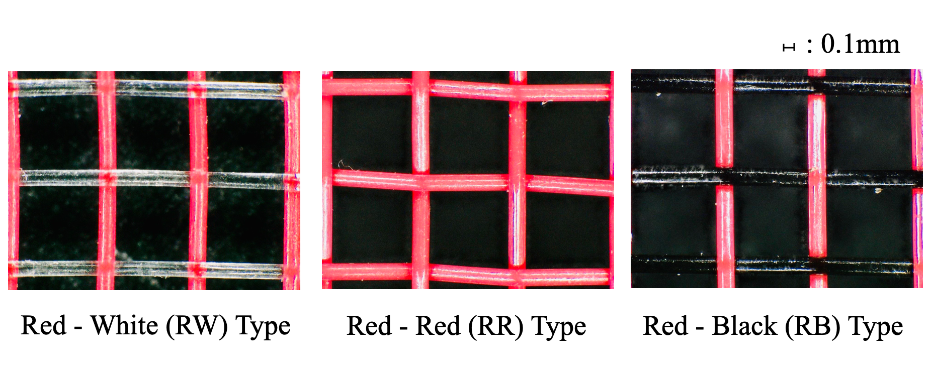 Photos of the different color combinations of red-white, red-black, and red-red nets.