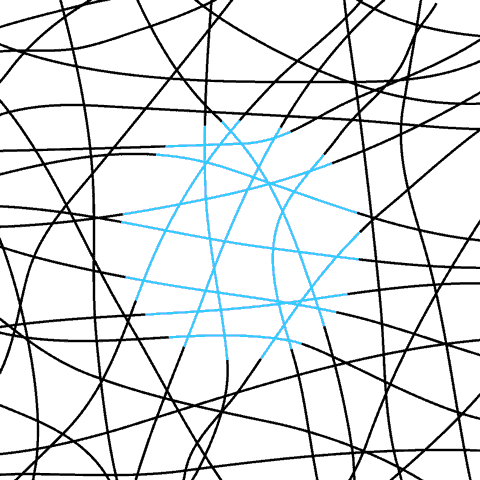 A white scquare with tangled black lines and some light blue ones in the middle.
