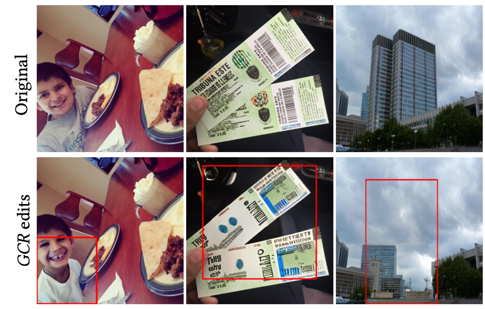 Three pairs of photos (of a boy, a ticket, and a building) demonstrating GCR.