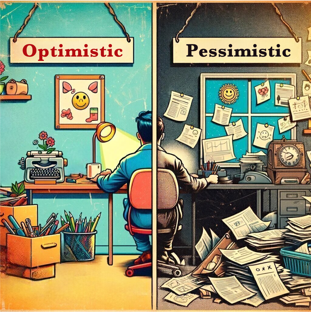 Stylized illustration showing a man sitting at a desk facing a wall, half in grey and surrounded by disarray to represent pessimistic, and half colourful and surounded by creativity to show optimistic.