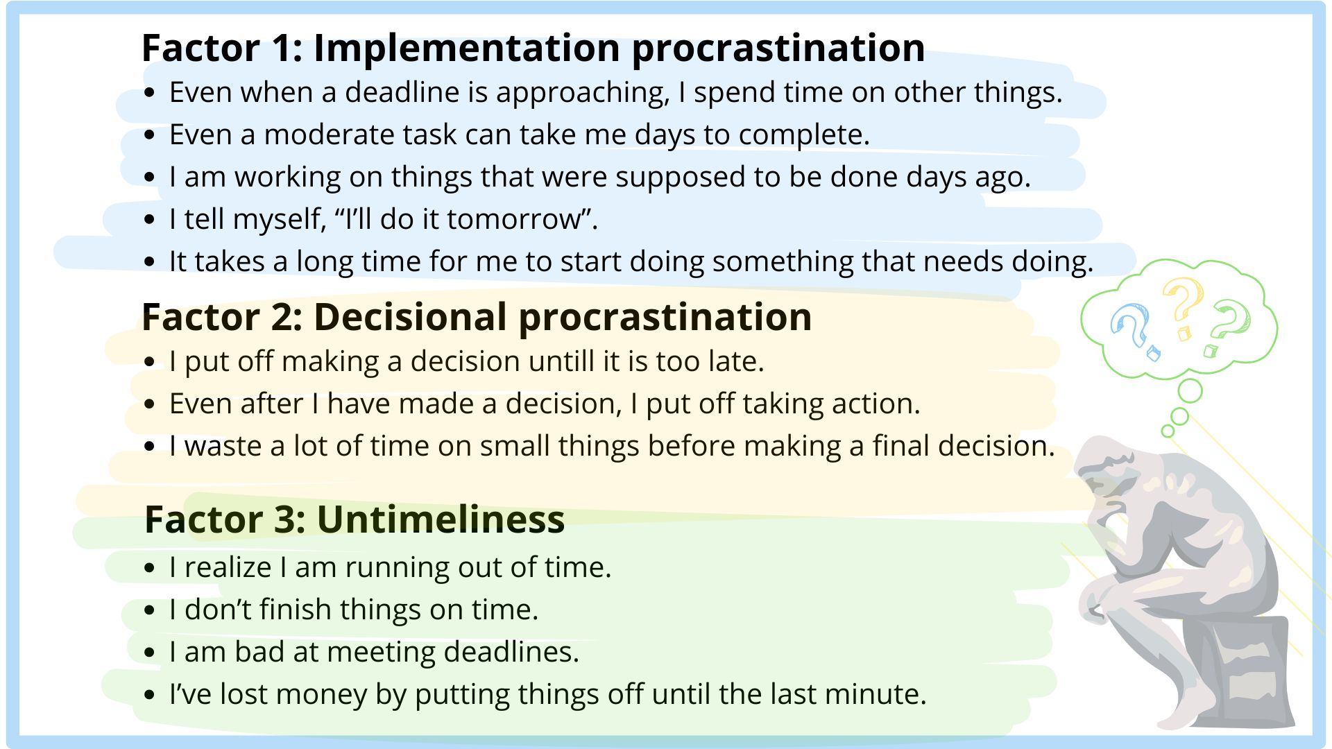 A graphic listing the twelve points on the Japanese pure procrastination scale.