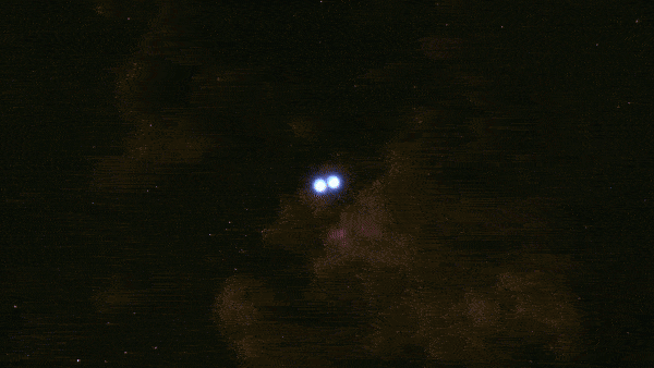 A GIF showing two white dwarf stars spinning around each other before colliding and exploading in a dramatic supernova.