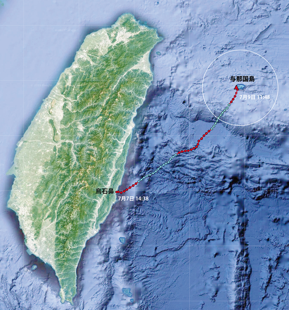 「3万年前の航海 徹底再現プロジェクト」における台湾から与那国島までの丸木舟航海ルート