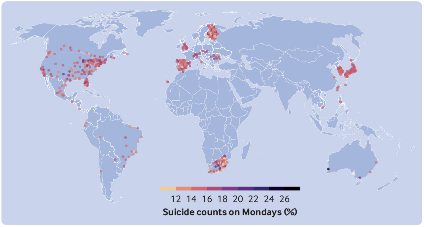 A map of the world in blue, with some red dots in various locations