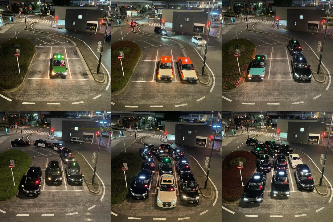 A set of images showing taxis at a taxi park
