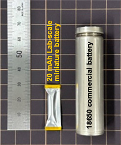 Photo of conventional testing battery compared to the new miniature battery.