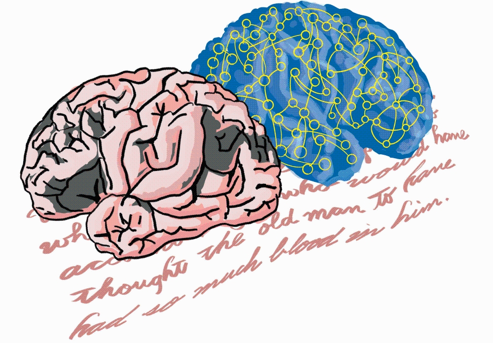 Diagram of a brain and signals within it.