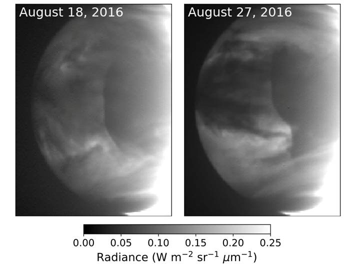 Near-infrared images showing the massive cloud front moving across Venus
