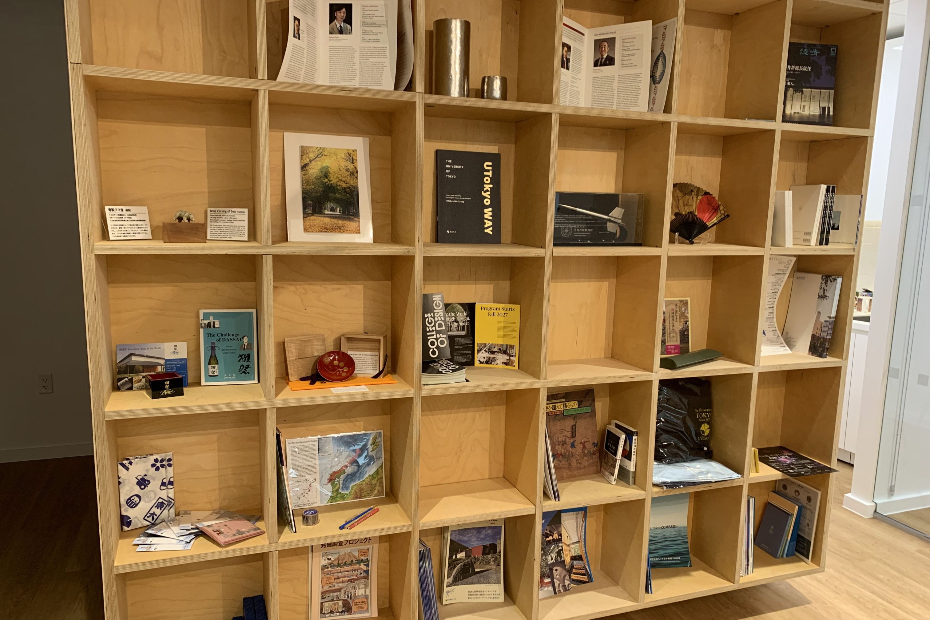 Items displayed on the bookshelves