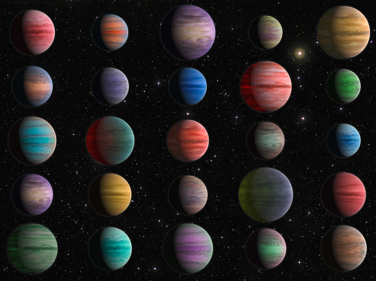An array of different colored planets