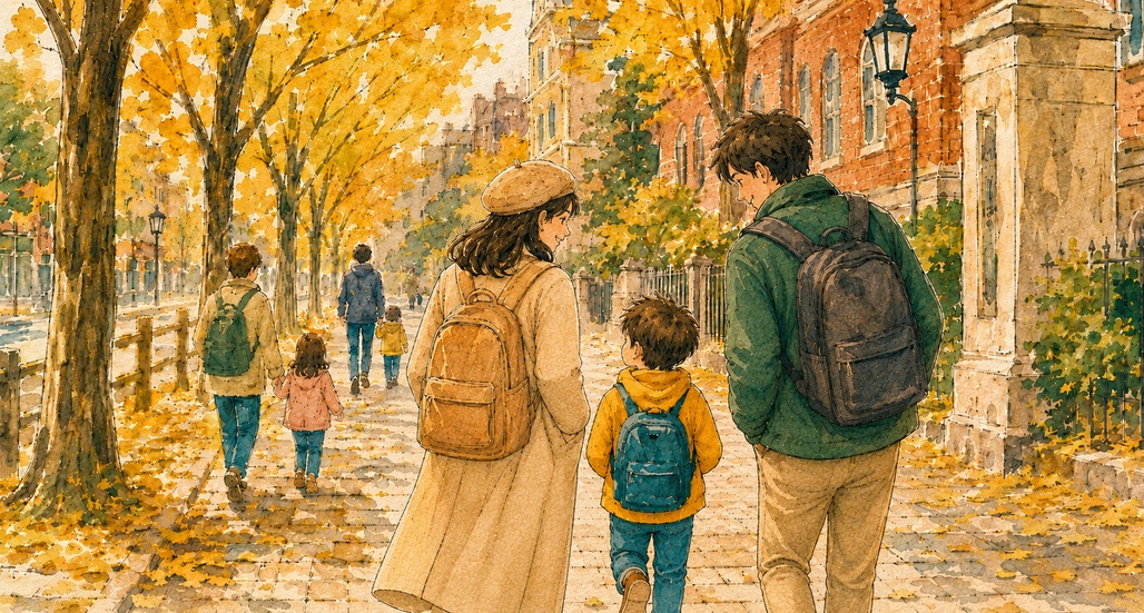 黄金色のイチョウ並木が続く秋の遊歩道を、親子連れが散策するイラスト。