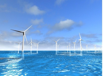 Architectural rendering of a floating offshore wind farm.
