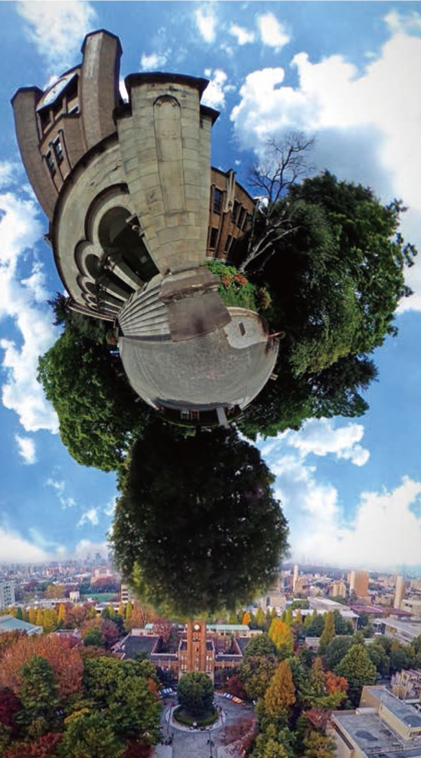 駒込キャンパスが球体になり空に浮かんでいるアート作品