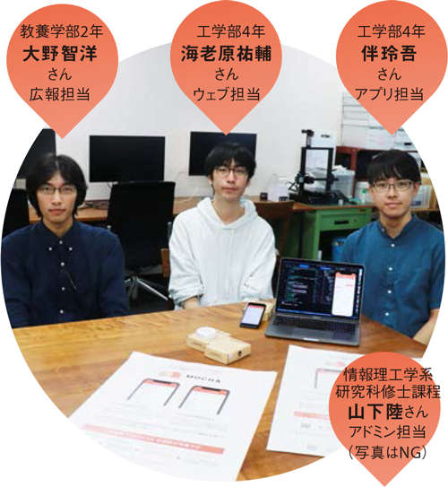 共用学部2年 大野智洋さん 広報担当／工学部4年 海老原祐輔さん ウェブ担当／工学部4年 伴玲吾さん アプリ担当／情報理工学系研究科修士課程山下陸さんアドミン担当（写真はNG）