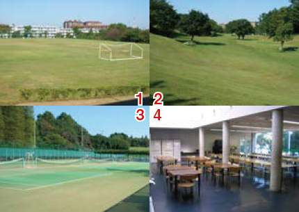 1.サッカー場、2.クロスカントリーコース、3.テニスコート、4.食堂