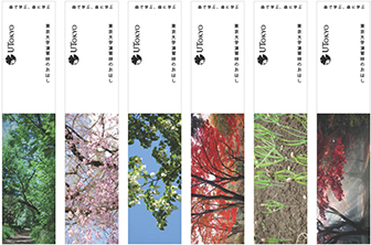 草木の写真が6枚載っていて「森で学ぶ、森に学ぶ」「東京大学演習林のおはし」と書かれた台紙