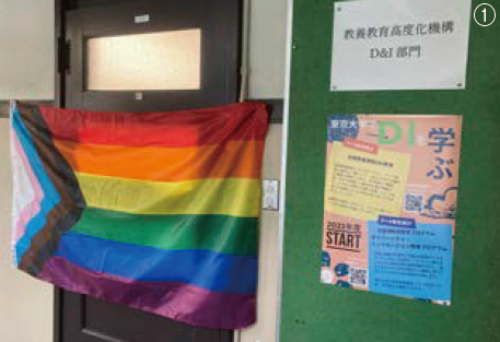 ドアの左右にある長押に画鋲で虹色の旗を留めてあり、その横の緑色のボードに「教養教育高度化機構 D&I部門」の紙が貼られている様子