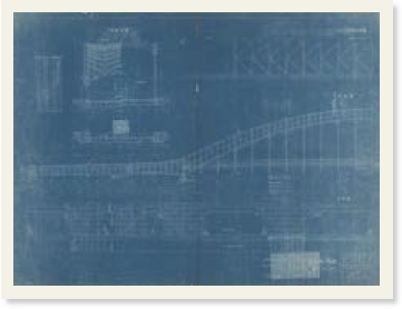 永代橋の設計図。横断面図、横溝平面図、側面図、平面図が図示されている