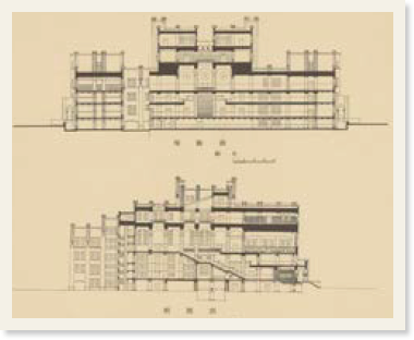 「横断図」と「縦断図」と書かれた新図書館の図面