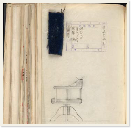 回転椅子の側面図。ページの左上に紺色の布地が貼られている