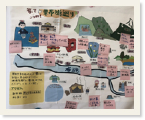 「寄ってこられ！東布施巡り」と書かれたマップ。切り貼りした紙に付箋などを貼り付けて作られている