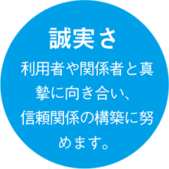 誠実さ 利用者や関係者と真摯に向き合い、信頼関係の構築に努めます。