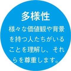 多様性 様々な価値観や背景を持つ人たちがいることを理解し、それらを尊重します。